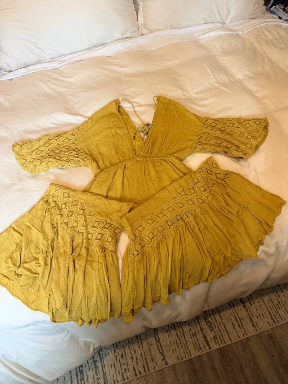 Free People Mustard Yellow Crochet-Sleeve Wide-Leg Jumpsuit - Picture 2 of 5
